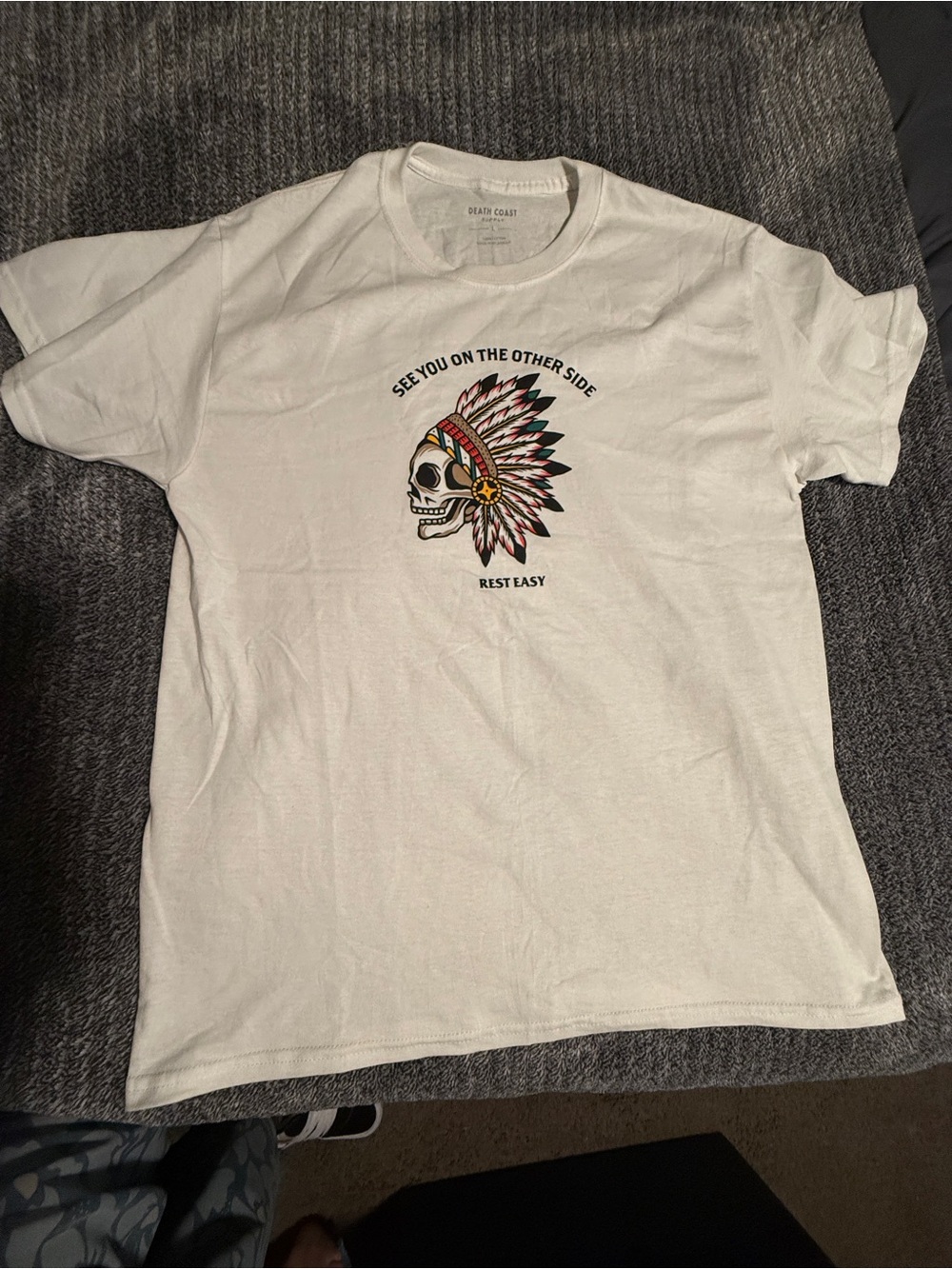 White Graphic Short Sleeve Tee with Skull Headdress